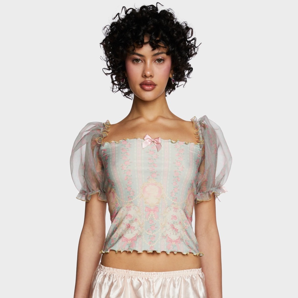 Sugar Thrillz Rococo Print Puff Sleeve Crop Top - Green SOLD OUT ONLINE